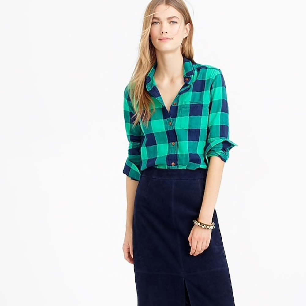 J. Crew Emerald Buffalo Check Shrunken Boy Shirt